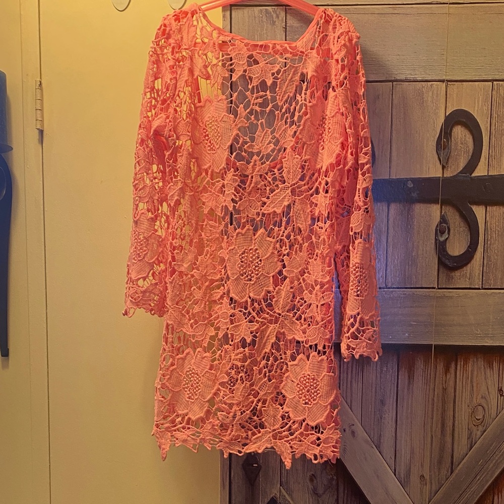 Never worn-Elegant Lace Crochet Top - Coral